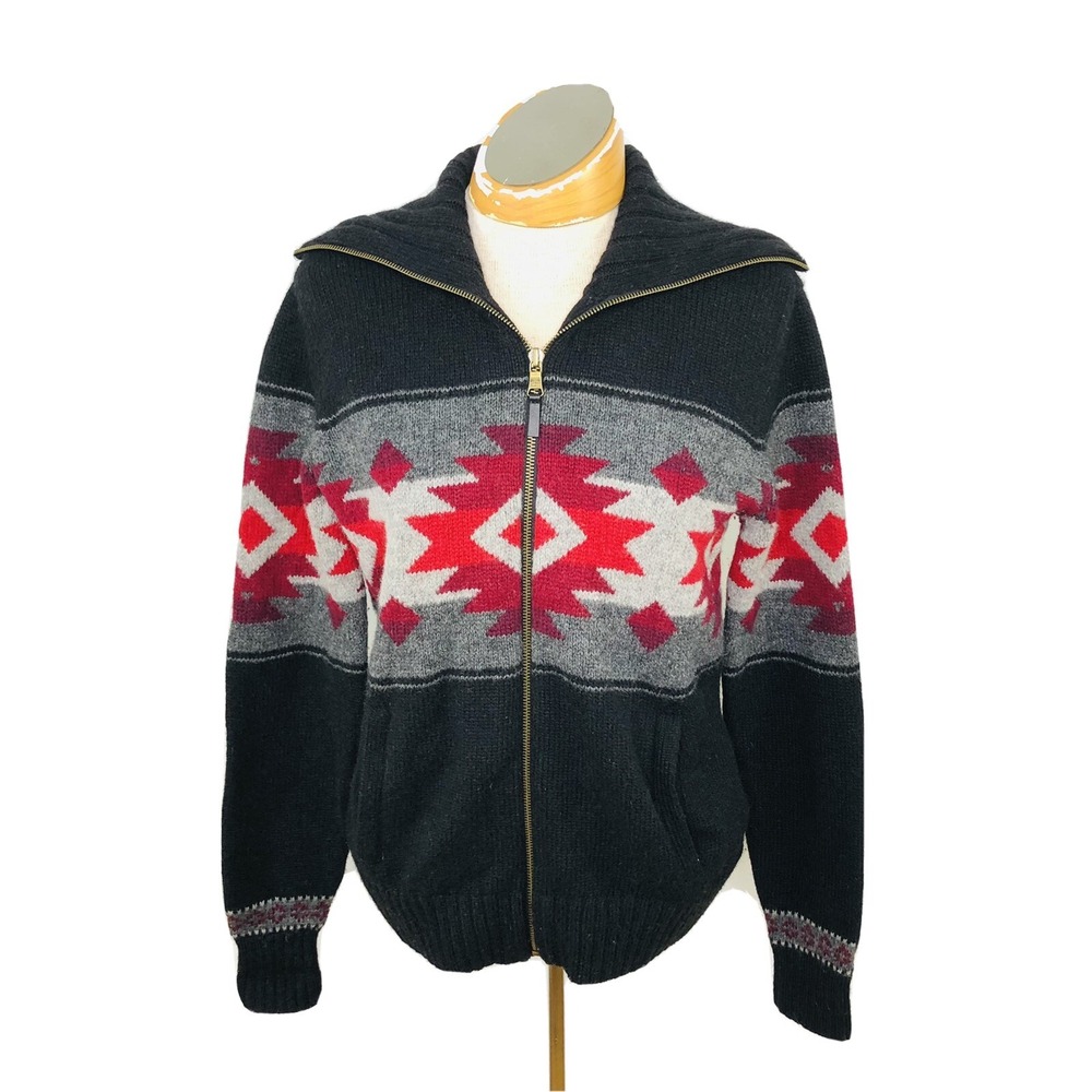 Lauren Ralph Lauren Knit‎ Lambs Wool Full Zip Sweater Cardigan Red Black Grey